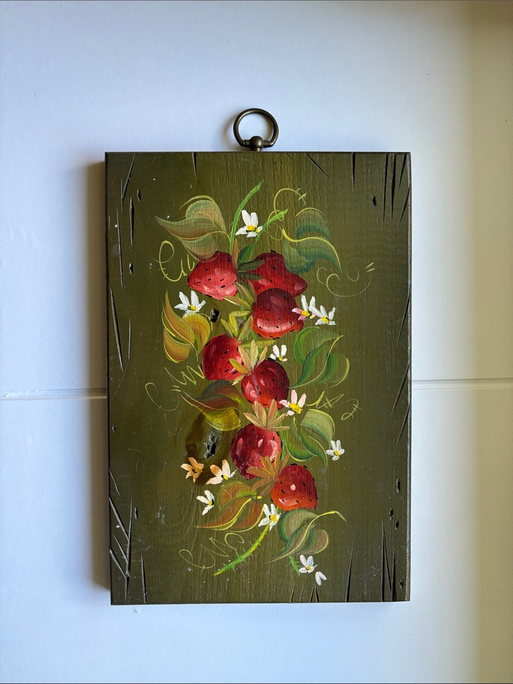 Hand-Painted Strawberry Floral Wall Art - Olive Green